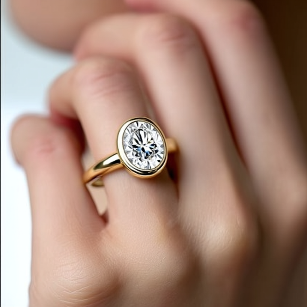 Gold ring with a diamond on a hand against a neutral background